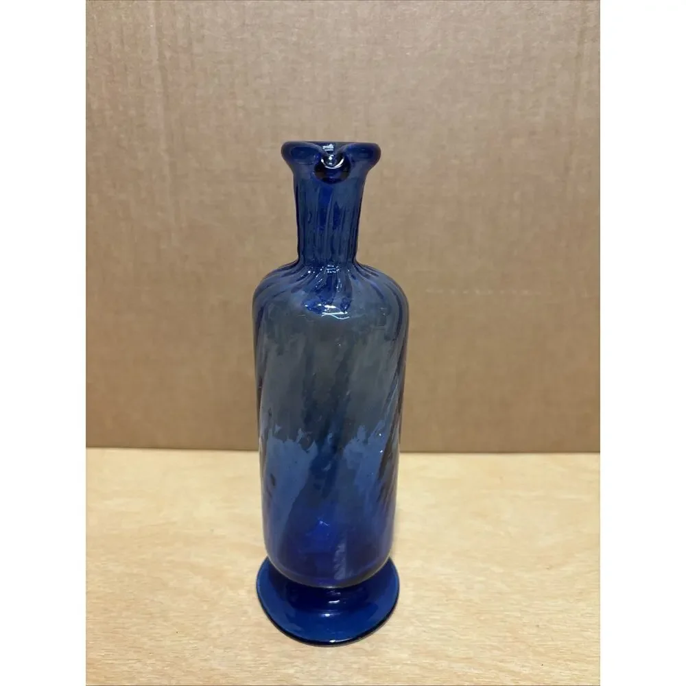 Hand-Blown Blue Glass Pitcher Vase With Handle 8.75” Tall